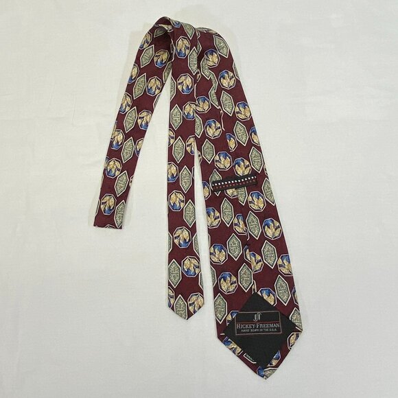 Hickey-Freeman Hand Sewn USA Silk Wide Neck Tie Maroon Framed Shapes - Picture 4 of 5